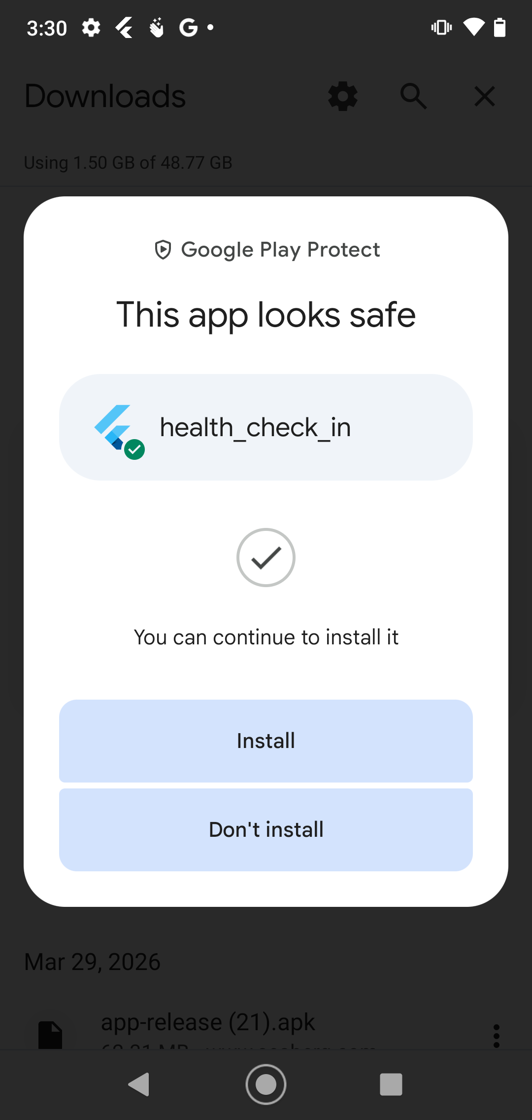 Play Protect confirms app looks safe — tap Install